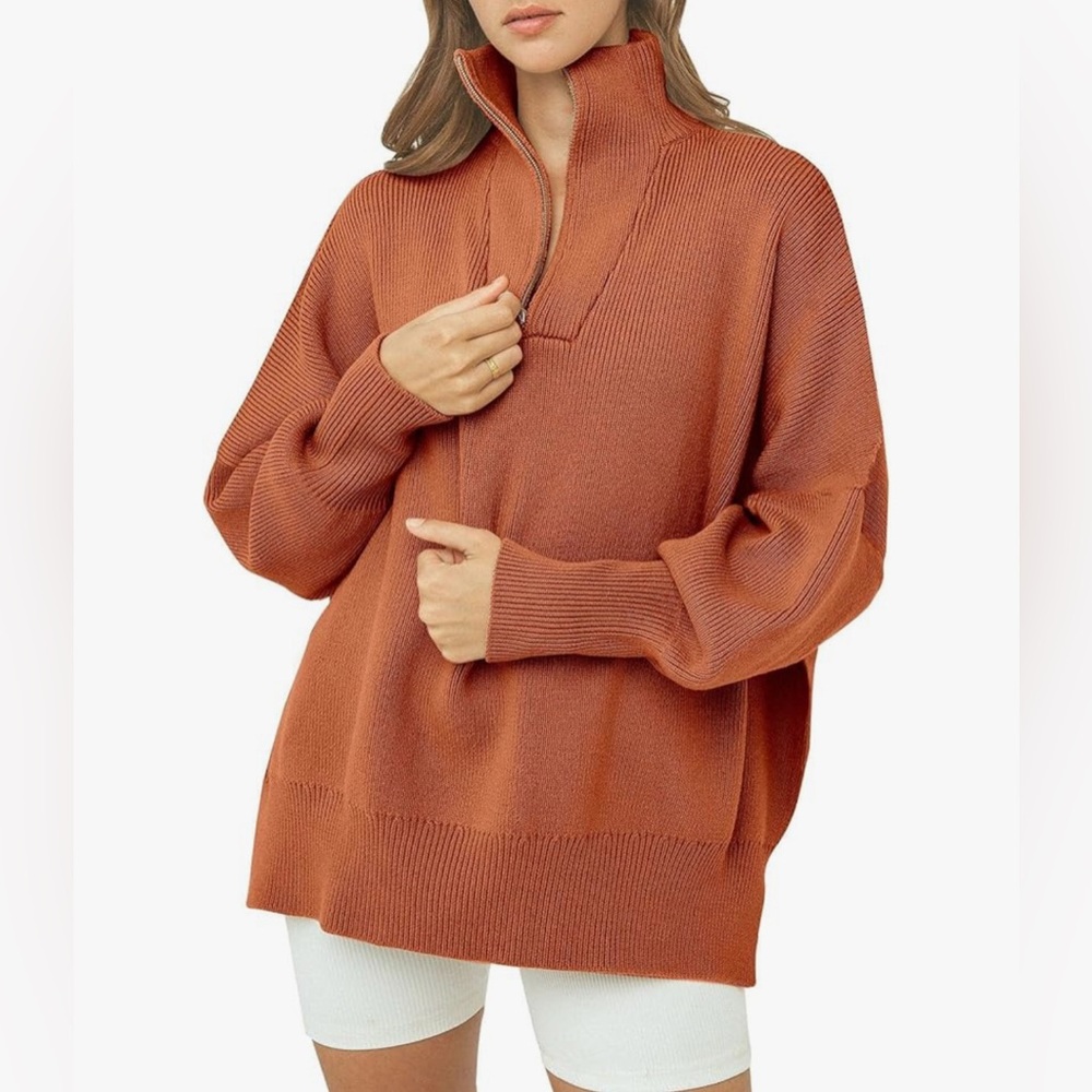 Rust Half-Zip Oversized Sweater - image 1